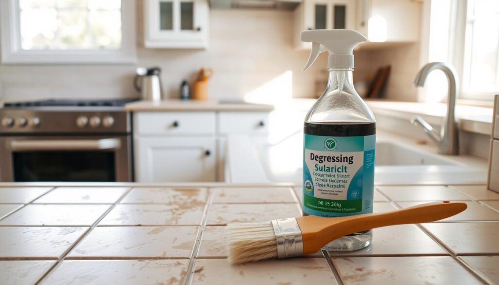 A clean and well-lit kitchen with tiled countertops and backsplash. The tiles are covered in a layer of grease and dirt, needing a thorough degreasing before being repainted. In the foreground, a bottle of degreasing solution and a scrub brush sit on the counter, ready to tackle the task. The background shows the rest of the kitchen, with natural lighting streaming in through a window, creating a bright and airy atmosphere. The scene conveys a sense of preparation and anticipation, as the homeowner prepares to revitalize the kitchen's appearance.