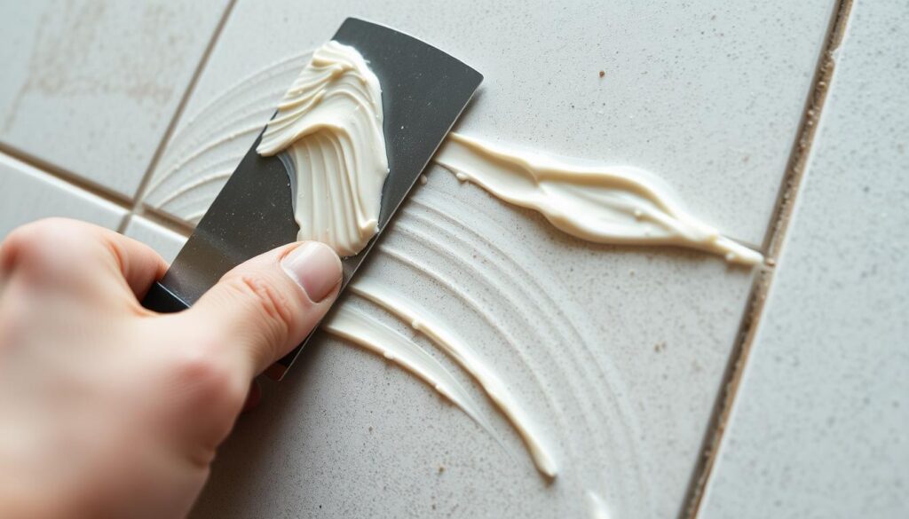 A close-up, detailed view of a hand applying construction adhesive onto a ceramic tile. The tile's surface is slightly textured, and the adhesive is being spread evenly across it using a notched trowel. The adhesive has a thick, creamy consistency and is being applied in parallel ridges, creating a uniform coverage. The lighting is soft and diffused, highlighting the texture of the tile and the sheen of the adhesive. The background is blurred, placing the focus solely on the application process, conveying the importance of proper adhesive coverage for a successful tile installation. A close-up, detailed view of a hand applying construction adhesive onto a ceramic tile. The tile's surface is slightly textured, and the adhesive is being spread evenly across it using a notched trowel. The adhesive has a thick, creamy consistency and is being applied in parallel ridges, creating a uniform coverage. The lighting is soft and diffused, highlighting the texture of the tile and the sheen of the adhesive. The background is blurred, placing the focus solely on the application process, conveying the importance of proper adhesive coverage for a successful tile installation.