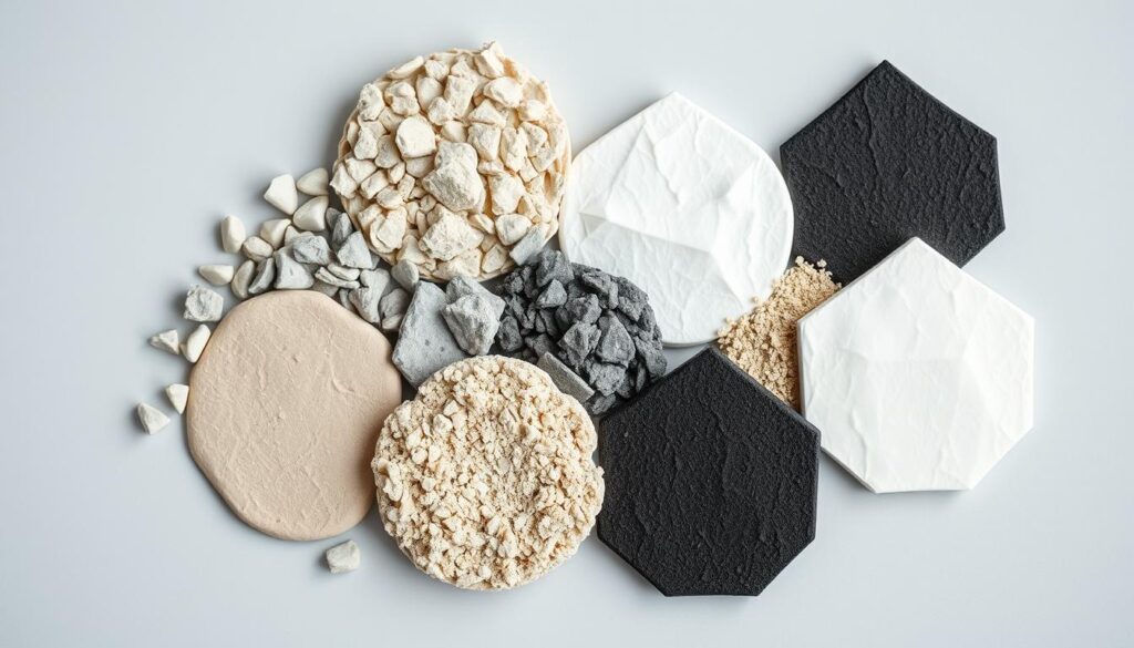 A close-up image of various types of tile grout (fugi do płytek) arranged neatly on a light gray background. The grout is displayed in a variety of colors, including white, gray, beige, and black, showcasing the different options available for tiling projects. The image is well-lit, with soft, diffused lighting that accentuates the textures and shades of the grout. The composition is clean and minimalist, allowing the grout samples to be the focal point. The overall mood is professional and informative, suitable for an article section on "Rodzaje fug do płytek – co wybrać?".