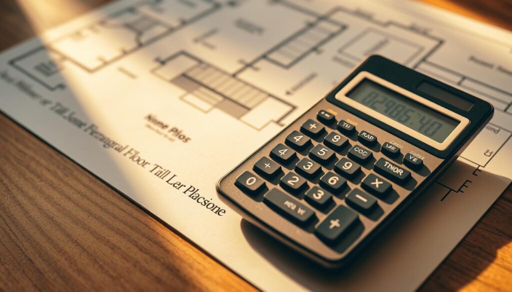 A close-up view of a calculator and architectural floor plans on a wooden desk, bathed in warm, directional lighting. The calculator's display shows intricate numerical calculations, highlighting the precision and importance of accurate measurements for a tiling project. The plans showcase the layout and dimensions of the space, complementing the calculator's role in ensuring efficient tile placement. The overall composition conveys a sense of focus, attention to detail, and the critical nature of meticulous planning in a home renovation or construction context. A close-up view of a calculator and architectural floor plans on a wooden desk, bathed in warm, directional lighting. The calculator's display shows intricate numerical calculations, highlighting the precision and importance of accurate measurements for a tiling project. The plans showcase the layout and dimensions of the space, complementing the calculator's role in ensuring efficient tile placement. The overall composition conveys a sense of focus, attention to detail, and the critical nature of meticulous planning in a home renovation or construction context.