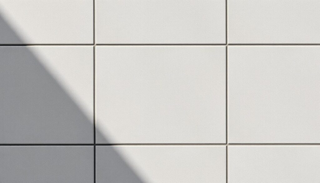 A close-up view of a ceramic tile measuring 120x60 centimeters, with a smooth, uniform grout filling the gaps between the tiles. The tiles have a matte finish in a neutral gray color, creating a sleek and modern appearance. The grout is a complementary shade, blending seamlessly with the tiles. Bright, natural lighting illuminates the scene, highlighting the texture and quality of the materials. The composition is centered and focused, emphasizing the clean, minimalist design of the tiled surface. The overall mood is one of simplicity, sophistication, and attention to detail, perfectly suited for the "Jaka fuga do płytek 120x60?" section of the article.