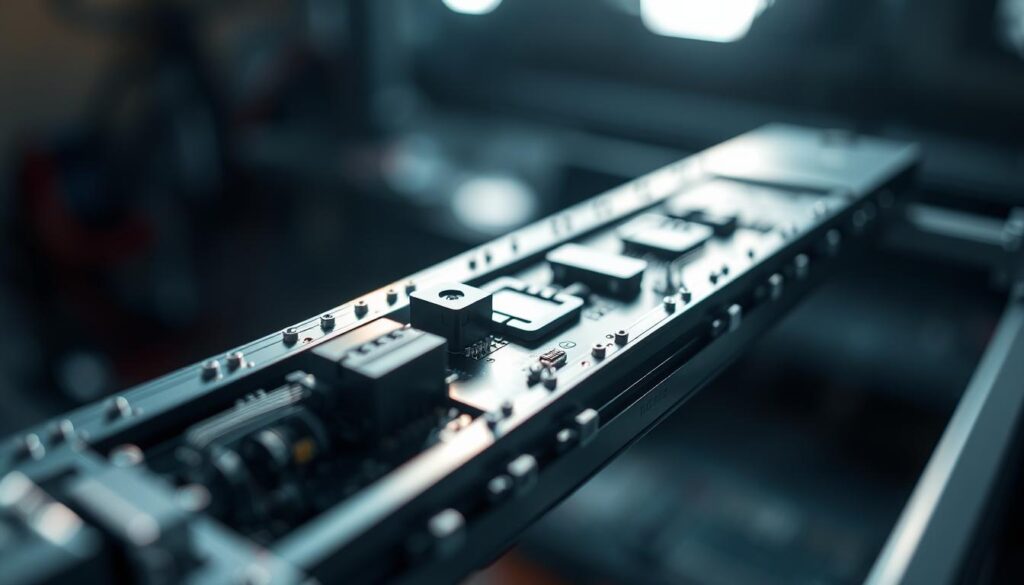 A close-up view of a diagnostic antenna, meticulously examined under bright, directional lighting. The intricate circuitry and components are clearly visible, revealing the inner workings of this essential communication device. The antenna's form is precisely captured, showcasing its sleek design and functional elements. The image conveys a sense of technical precision, guiding the viewer through the complexities of antenna diagnostics. The mid-ground and background are subtly blurred, maintaining the focus on the antenna's critical details and emphasizing its importance in the overall system.