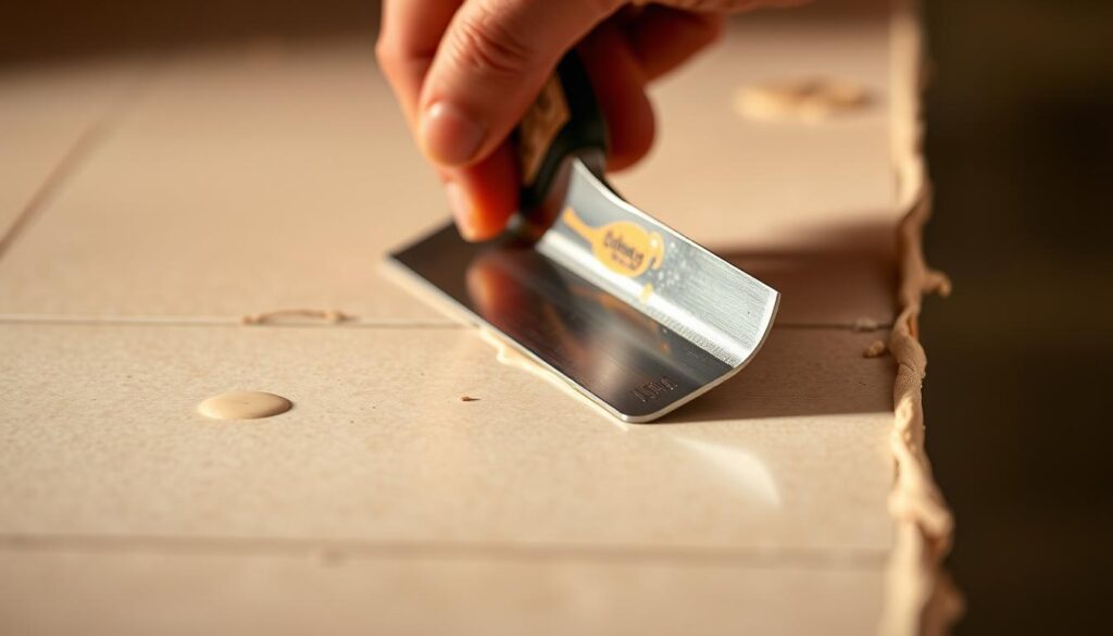 A close-up view of a hand expertly applying a layer of tile adhesive with a notched trowel, creating an even, consistent spread. The adhesive glistens slightly under warm, directional lighting, showcasing its smooth, creamy texture. The background is blurred, keeping the focus on the meticulous application process. The image conveys a sense of precision, expertise, and the importance of properly applying the right thickness of tile adhesive for a successful and long-lasting installation. A close-up view of a hand expertly applying a layer of tile adhesive with a notched trowel, creating an even, consistent spread. The adhesive glistens slightly under warm, directional lighting, showcasing its smooth, creamy texture. The background is blurred, keeping the focus on the meticulous application process. The image conveys a sense of precision, expertise, and the importance of properly applying the right thickness of tile adhesive for a successful and long-lasting installation.