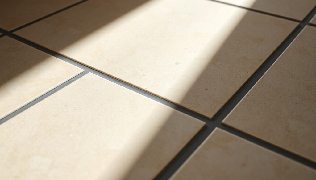A close-up view of a tile floor, showcasing the grouted seams between the tiles. The tiles are a neutral, natural stone color, and the grout is a contrasting dark gray hue. The lighting is soft and diffused, creating subtle shadows that accentuate the texture and depth of the tiled surface. The image is focused on the edges of the tiles, highlighting the transition between the smooth tile and the recessed grout lines. The overall composition emphasizes the geometric patterns and the careful attention to detail required in maintaining and repairing the grout between tiles.