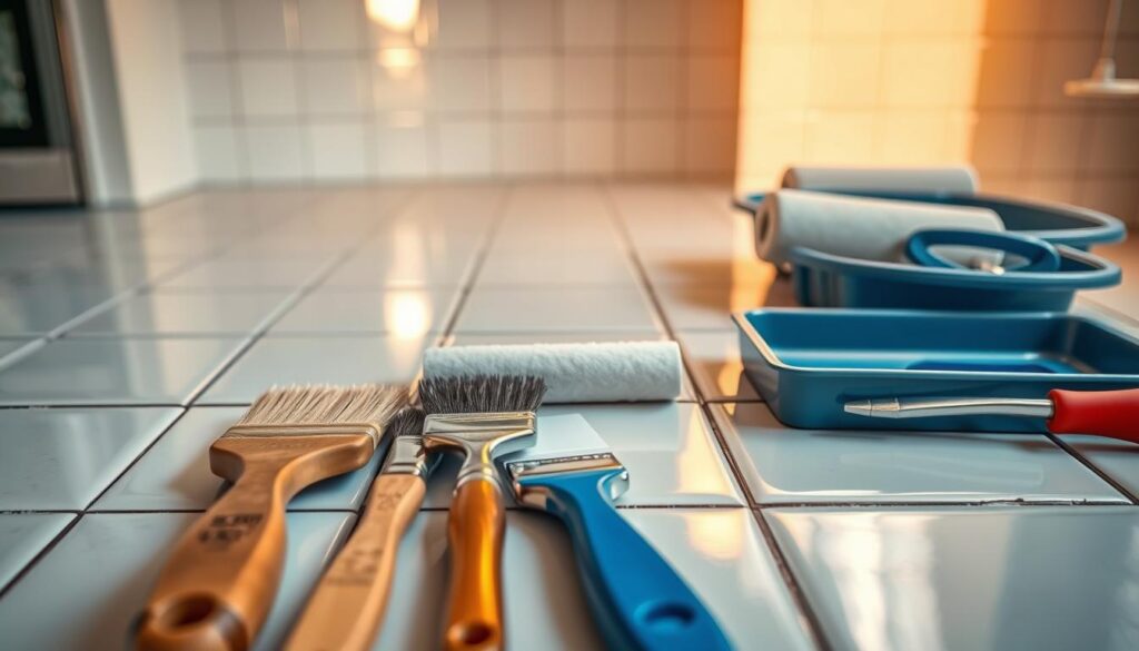 A close-up view of a tiled kitchen surface, showcasing the various techniques and tools used for painting tiles. The foreground depicts a variety of brushes, rollers, and paint trays, neatly arranged and ready for use. The middle ground features a section of freshly painted tiles, the glossy finish reflecting the light from a soft, diffused source above. In the background, additional unpainted tiles are visible, providing context and a sense of the larger project. The overall lighting is warm and natural, creating a welcoming and inviting atmosphere, suitable for a kitchen setting. The composition emphasizes the process and tools involved in transforming the appearance of kitchen tiles without the need for extensive demolition.