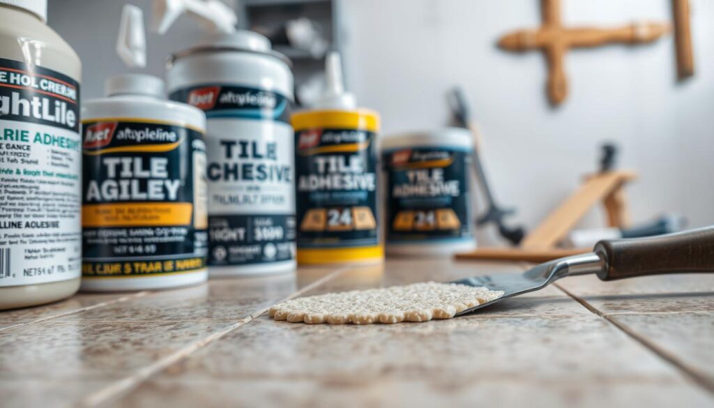 A close-up view of adhesive tiles, showcasing their intricate texture and composition. The foreground features a selection of tile adhesive products, their packaging and labels displayed prominently. The middle ground depicts the application process, with a trowel spreading the adhesive evenly across a tile surface. In the background, a clean, well-lit workspace with tools and materials related to tile installation creates a professional, instructional atmosphere. The lighting is soft and diffused, emphasizing the nuanced properties of the adhesive, such as its viscosity, color, and ability to create a strong, durable bond between tiles. The overall mood is informative and educational, inviting the viewer to appreciate the technical aspects of tile adhesive and its role in successful tile installation.
