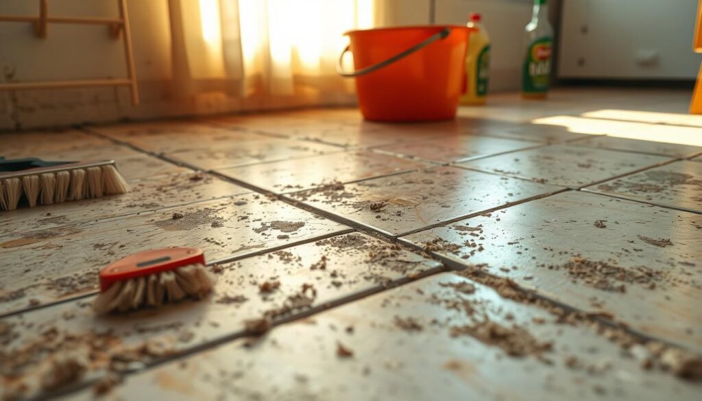 A close-up view of heavily soiled ceramic tiles on a floor, illuminated by warm natural lighting streaming in from a window. The tiles are coated in a thick layer of grime, dirt, and discoloration, with visible grout lines filled with accumulated debris. In the foreground, a few cleaning tools are visible, such as a scrub brush, a bucket, and a bottle of tile cleaner solution. The background is slightly blurred, emphasizing the focus on the unclean tiles and the process of deep cleaning them. The overall mood is one of a domestic cleaning task, with a sense of determination to restore the tiles to their former pristine condition.