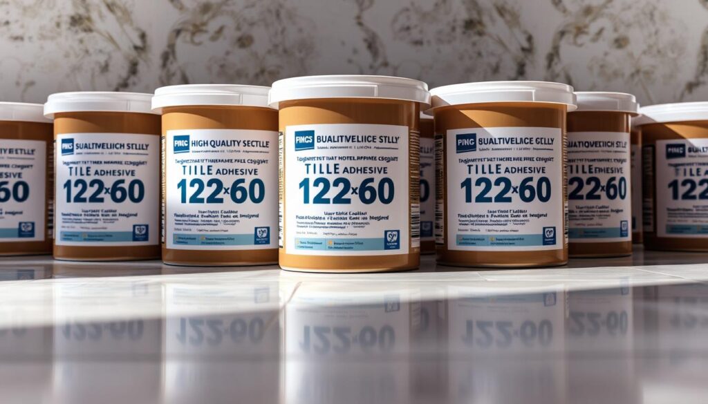 A close-up view of several containers of high-quality tile adhesive, showcasing their labels that prominently display the dimensions "120x60". The products are arranged neatly on a clean, reflective surface, creating a sense of order and professionalism. Soft, directional lighting illuminates the scene, accentuating the rich colors and textures of the tile adhesive packaging. The overall composition conveys a sense of authority and expertise, suitable for illustrating a section on the proper tile adhesives to use for 120x60 tiles. A close-up view of several containers of high-quality tile adhesive, showcasing their labels that prominently display the dimensions "120x60". The products are arranged neatly on a clean, reflective surface, creating a sense of order and professionalism. Soft, directional lighting illuminates the scene, accentuating the rich colors and textures of the tile adhesive packaging. The overall composition conveys a sense of authority and expertise, suitable for illustrating a section on the proper tile adhesives to use for 120x60 tiles.