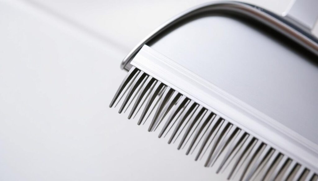 A close-up view of the best tile grout comb, showcased against a clean, minimalist background. The comb has a sturdy, high-quality metallic frame with evenly spaced, sharp teeth designed for precise and efficient grouting. The lighting is soft and diffused, highlighting the tool's sleek, professional appearance. The angle emphasizes the comb's purpose and functionality, making it an ideal illustration for the "Jaki grzebień do płytek" section of the article. A close-up view of the best tile grout comb, showcased against a clean, minimalist background. The comb has a sturdy, high-quality metallic frame with evenly spaced, sharp teeth designed for precise and efficient grouting. The lighting is soft and diffused, highlighting the tool's sleek, professional appearance. The angle emphasizes the comb's purpose and functionality, making it an ideal illustration for the "Jaki grzebień do płytek" section of the article.