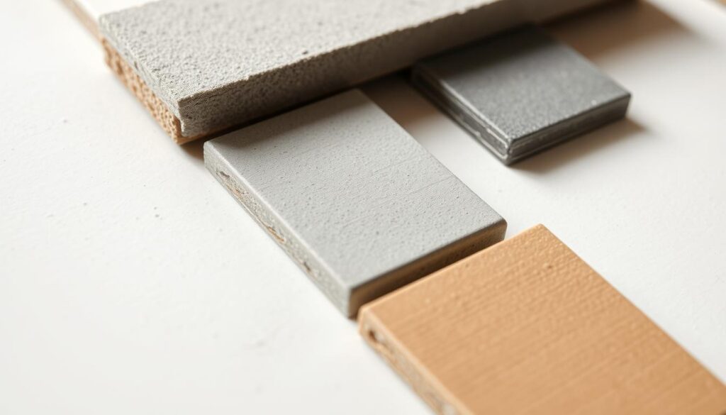 A close-up view of tile grout samples in various colors, arranged neatly on a clean, white surface. The grout textures are clearly visible, showcasing their different finishes and densities. The lighting is soft and diffused, creating gentle shadows that accentuate the grout's details. The composition emphasizes the relationship between the grout and the tiles, highlighting the importance of selecting the right grout to complement the tile's design. The overall mood is one of professional expertise and attention to detail, suitable for an informative article on choosing the appropriate grout for tiles.