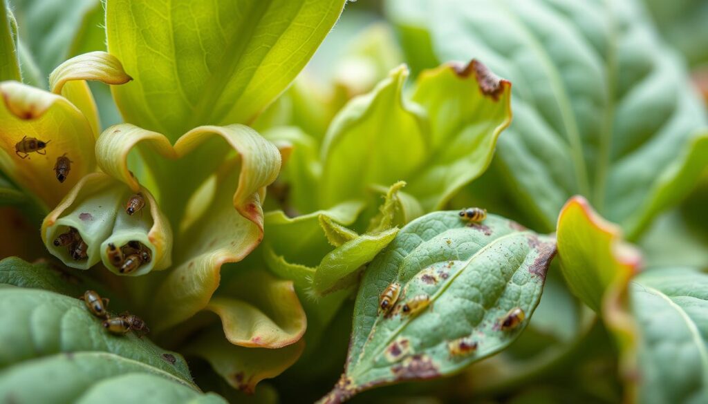 A close-up view of various aphid infestations on plant leaves, showcasing the distinct symptoms of aphid damage. The foreground features curled, discolored leaves with visible aphids clustered on the undersides, their bodies glistening in the soft, diffused lighting. The middle ground presents a mix of healthy and affected foliage, highlighting the contrast between uninfected and infested areas. The background subtly blurs, creating a sense of depth and drawing the viewer's attention to the detailed textures and patterns of the damaged plant material. The overall mood is one of scientific observation, inviting the viewer to closely examine the telltale signs of an aphid infestation on thriving garden plants.