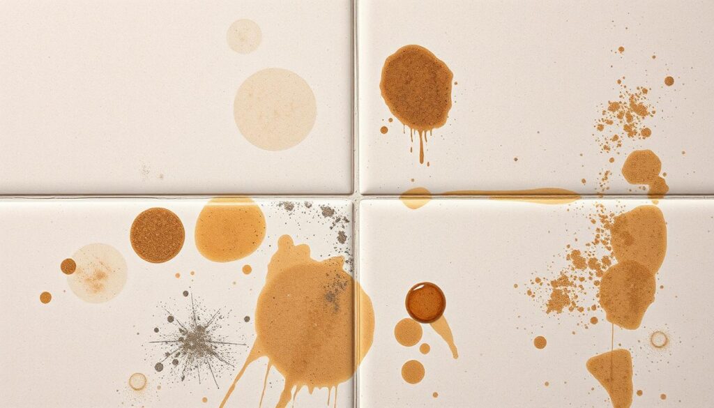 A close-up, well-lit, high-resolution photograph of various types of tile stains and dirt on a clean, neutral-colored tile surface. The foreground showcases a diverse array of common tile contaminants such as limescale buildup, hard water deposits, mildew, grease, and soap scum. The middle ground includes some tile grout, highlighting the different ways grime can accumulate in the grooves. The background is a simple, evenly-lit plain tile surface to provide visual contrast and focus attention on the stains. The overall mood is informative and educational, highlighting the need for effective tile cleaning methods.