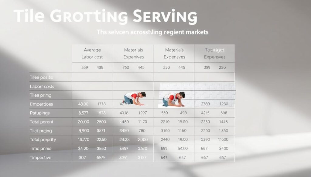 A comparative chart displaying the current pricing for tile grouting services across different regional markets. The foreground features a clean, minimalist layout with neatly arranged columns and rows, highlighting key data points such as average labor costs, materials expenses, and total project estimates. The middle ground showcases photorealistic renderings of the grouting process, with skilled technicians meticulously applying the grout and smoothing the surfaces. The background depicts a soft, neutral tone, allowing the informative data visualization to take center stage. Crisp, directional lighting accentuates the sleek, professional appearance, while a subtle depth of field keeps the focus on the essential pricing details. A comparative chart displaying the current pricing for tile grouting services across different regional markets. The foreground features a clean, minimalist layout with neatly arranged columns and rows, highlighting key data points such as average labor costs, materials expenses, and total project estimates. The middle ground showcases photorealistic renderings of the grouting process, with skilled technicians meticulously applying the grout and smoothing the surfaces. The background depicts a soft, neutral tone, allowing the informative data visualization to take center stage. Crisp, directional lighting accentuates the sleek, professional appearance, while a subtle depth of field keeps the focus on the essential pricing details.