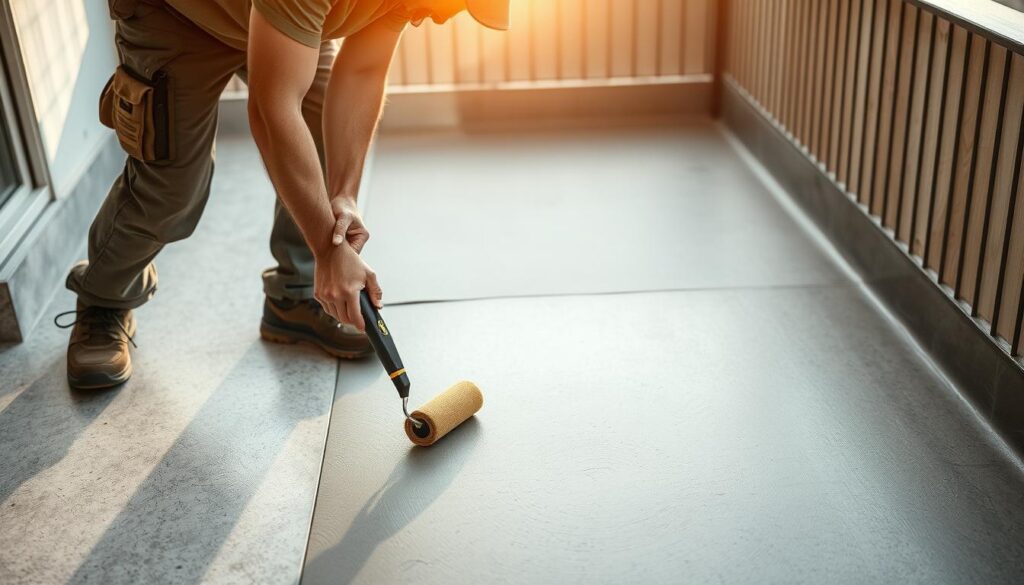 A construction worker meticulously applying a layer of waterproof membrane to a concrete balcony floor, using a roller and brush to ensure an even, seamless coverage. The scene is bathed in warm, natural lighting from overhead, casting soft shadows and highlighting the texture of the materials. The worker's focused expression and precise movements convey the importance of this critical installation step, ensuring a durable and watertight foundation for the upcoming tile work. The background blurs softly, drawing the viewer's attention to the careful application of the waterproofing system, a crucial element in the process of properly tiling a balcony. A construction worker meticulously applying a layer of waterproof membrane to a concrete balcony floor, using a roller and brush to ensure an even, seamless coverage. The scene is bathed in warm, natural lighting from overhead, casting soft shadows and highlighting the texture of the materials. The worker's focused expression and precise movements convey the importance of this critical installation step, ensuring a durable and watertight foundation for the upcoming tile work. The background blurs softly, drawing the viewer's attention to the careful application of the waterproofing system, a crucial element in the process of properly tiling a balcony.