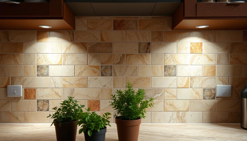 A cozy kitchen countertop with an array of natural stone tiles in warm earthy tones, arranged in a visually appealing pattern. The tiles have a subtle marbled or flecked texture, hinting at their mineral-rich composition. Soft, diffused lighting from overhead illuminates the surface, casting gentle shadows and highlighting the unique character of each tile. In the foreground, several decorative potted plants or herbs add a touch of greenery, complementing the natural stone hues. The overall mood is one of rustic elegance, showcasing alternative options to the traditional "snowflake" pattern tiles. A cozy kitchen countertop with an array of natural stone tiles in warm earthy tones, arranged in a visually appealing pattern. The tiles have a subtle marbled or flecked texture, hinting at their mineral-rich composition. Soft, diffused lighting from overhead illuminates the surface, casting gentle shadows and highlighting the unique character of each tile. In the foreground, several decorative potted plants or herbs add a touch of greenery, complementing the natural stone hues. The overall mood is one of rustic elegance, showcasing alternative options to the traditional "snowflake" pattern tiles.