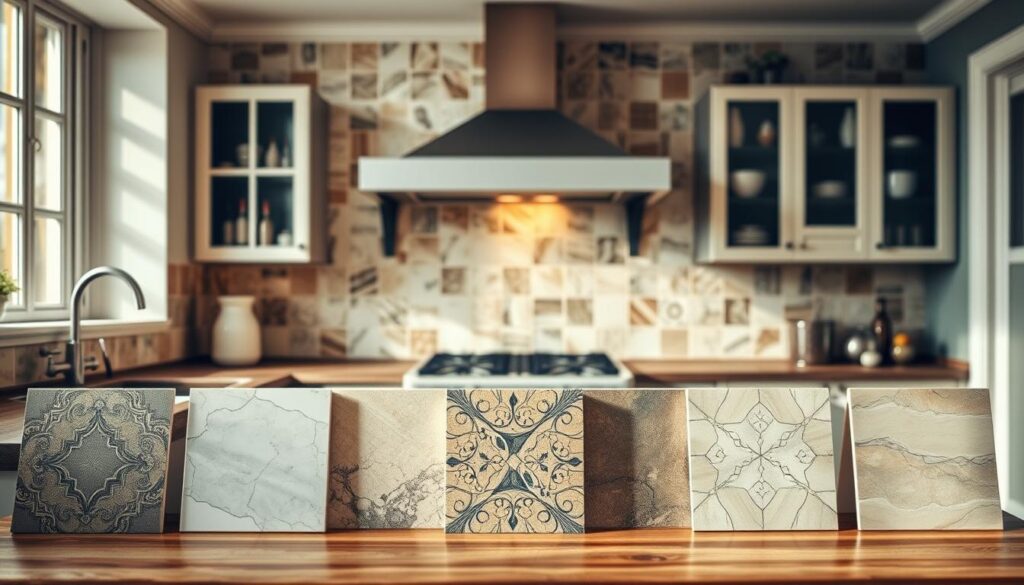 A cozy kitchen interior with old, worn tiles on the walls. In the foreground, several elegant and modern tile options are displayed, showcasing various patterns, textures, and colors that could be used to tastefully cover and update the dated tiles. Soft, warm lighting illuminates the scene, creating a welcoming and inviting atmosphere. The composition emphasizes the contrast between the old and the new, providing a visually striking and inspirational representation of how to breathe new life into an outdated kitchen space. A cozy kitchen interior with old, worn tiles on the walls. In the foreground, several elegant and modern tile options are displayed, showcasing various patterns, textures, and colors that could be used to tastefully cover and update the dated tiles. Soft, warm lighting illuminates the scene, creating a welcoming and inviting atmosphere. The composition emphasizes the contrast between the old and the new, providing a visually striking and inspirational representation of how to breathe new life into an outdated kitchen space.