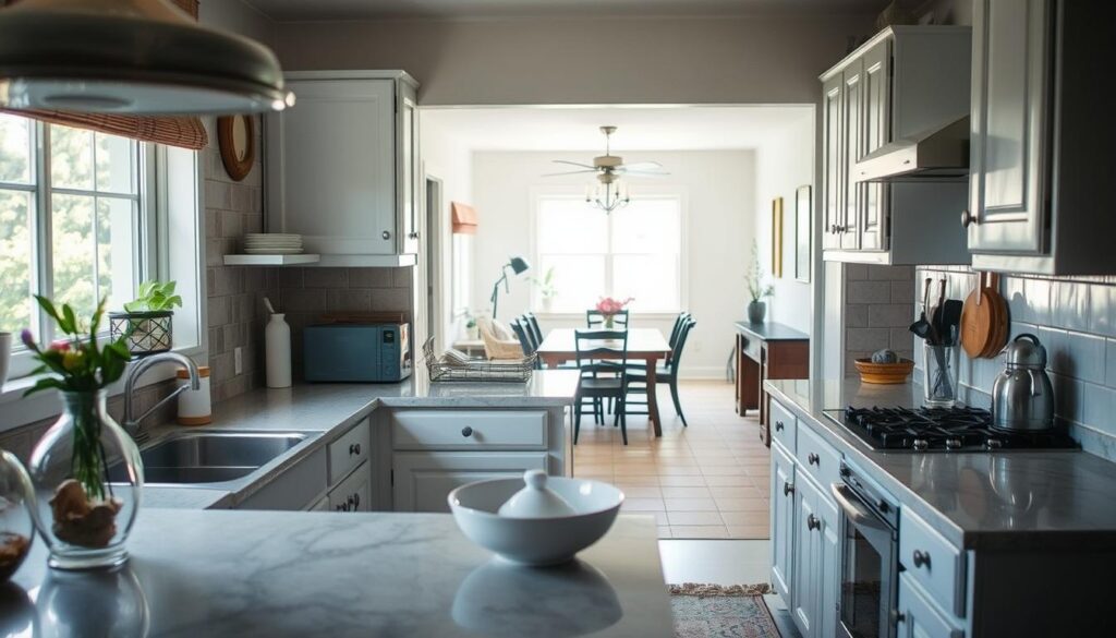 A cozy kitchen undergoing a gentle renovation, the old tiles tastefully covered without demolition. Soft natural light filters through the windows, casting a warm glow on the updated surfaces. In the foreground, a mix of modern and vintage decor elements blend harmoniously, hinting at the homeowner's personal style. The middle ground showcases carefully selected countertop materials and cabinet refacing, preserving the room's existing layout. In the background, a glimpse of the living space beyond, seamlessly integrated through thoughtful design choices. An atmosphere of calm and intentionality pervades the scene, showcasing a kitchen transformation achieved without major structural changes. A cozy kitchen undergoing a gentle renovation, the old tiles tastefully covered without demolition. Soft natural light filters through the windows, casting a warm glow on the updated surfaces. In the foreground, a mix of modern and vintage decor elements blend harmoniously, hinting at the homeowner's personal style. The middle ground showcases carefully selected countertop materials and cabinet refacing, preserving the room's existing layout. In the background, a glimpse of the living space beyond, seamlessly integrated through thoughtful design choices. An atmosphere of calm and intentionality pervades the scene, showcasing a kitchen transformation achieved without major structural changes.