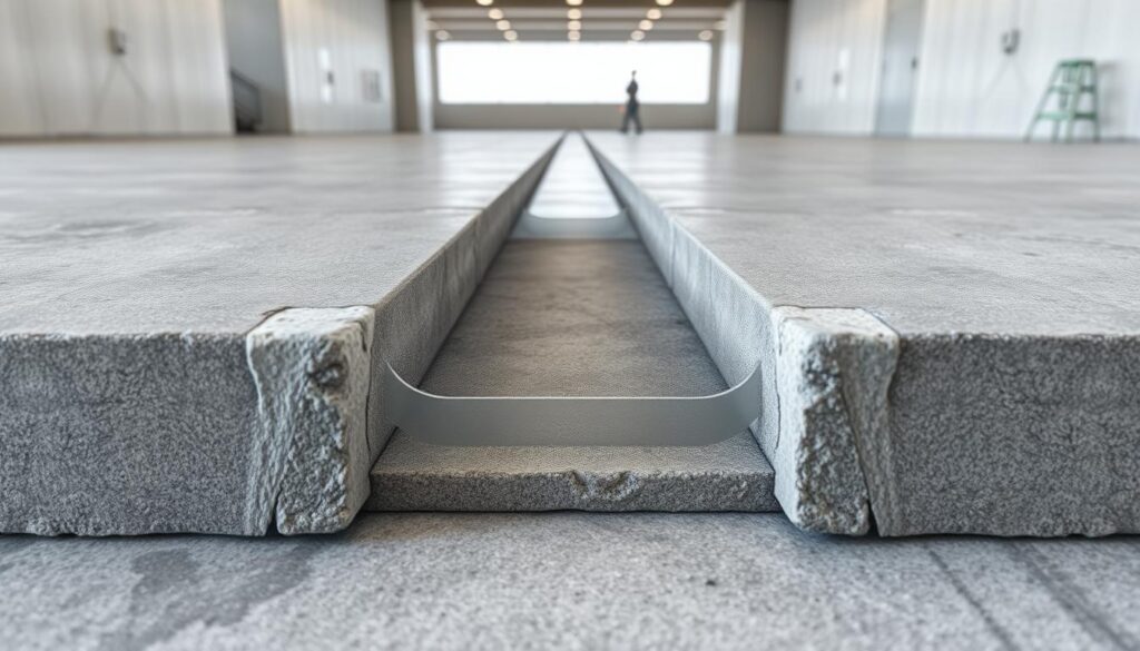 A cross-section of a concrete floor, showcasing the structural detail of an expansion joint. The foreground displays the gap in the flooring, filled with a flexible sealant material, creating a smooth transition between adjoining sections. The middle ground highlights the reinforced concrete slabs on either side, their textures and subtle color variations visible. In the background, a clean, well-lit interior setting, with subtle shadows and highlights, emphasizes the importance of this architectural feature in maintaining the integrity of the floor. The image conveys the technical necessity and functional design of an expansion joint, providing a clear visual reference for the article's subject matter. A cross-section of a concrete floor, showcasing the structural detail of an expansion joint. The foreground displays the gap in the flooring, filled with a flexible sealant material, creating a smooth transition between adjoining sections. The middle ground highlights the reinforced concrete slabs on either side, their textures and subtle color variations visible. In the background, a clean, well-lit interior setting, with subtle shadows and highlights, emphasizes the importance of this architectural feature in maintaining the integrity of the floor. The image conveys the technical necessity and functional design of an expansion joint, providing a clear visual reference for the article's subject matter.