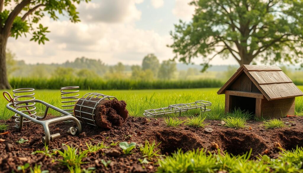 A detailed, realistic image of various traps designed to effectively capture moles in a lush, verdant garden setting. The foreground features an assortment of classic mole traps, including metal spring-loaded devices and underground tunnel-blocking mechanisms, all crafted with precision. The middle ground showcases the natural environment, with rich soil, vibrant greenery, and subtle mole tunnels running through the earth. The background blends seamlessly into a tranquil landscape, with towering trees, fluffy clouds, and warm, diffused lighting creating a peaceful, pastoral atmosphere. The overall composition conveys a sense of practical, targeted solutions to the problem of mole infestation, while maintaining a harmonious balance with the surrounding natural beauty.