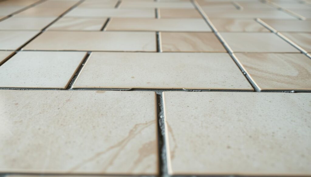 A detailed, well-lit close-up shot of a tiled floor, showcasing the installation of tiles over a construction expansion joint. The tiles are laid in a staggered pattern, with visible gaps and flexible sealant material in the joint. The grouting between the tiles is neatly applied, and the overall finish has a professional, high-quality appearance. The lighting creates a sense of depth and highlights the textures of the tiles and the expansion joint material. The camera angle provides a clear, unobstructed view of the tiling technique, allowing the viewer to study the details and understand the proper way to install tiles over a dylatacja, or expansion joint, to prevent cracks and maintain structural integrity. A detailed, well-lit close-up shot of a tiled floor, showcasing the installation of tiles over a construction expansion joint. The tiles are laid in a staggered pattern, with visible gaps and flexible sealant material in the joint. The grouting between the tiles is neatly applied, and the overall finish has a professional, high-quality appearance. The lighting creates a sense of depth and highlights the textures of the tiles and the expansion joint material. The camera angle provides a clear, unobstructed view of the tiling technique, allowing the viewer to study the details and understand the proper way to install tiles over a dylatacja, or expansion joint, to prevent cracks and maintain structural integrity.