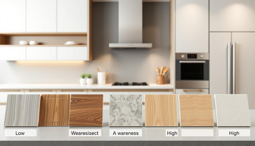 A highly detailed and realistic image showcasing different classes of wear resistance for kitchen panels. The foreground displays various panel samples with clear labels indicating their corresponding wear resistance ratings, ranging from low to high. The middle ground features a sleek, modern kitchen setting with the panels installed, allowing visualization of their application. The background subtly blends neutral tones and subtle lighting to create a warm, inviting atmosphere, emphasizing the panels' suitability for a kitchen environment. The overall composition and attention to technical details aim to provide a comprehensive visual reference for the article's section on selecting the appropriate wear resistance class for kitchen panels.