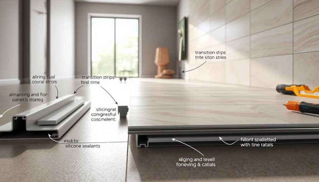 A highly detailed, photorealistic image of the most popular methods for connecting panels and tiles. The foreground showcases various types of transition strips, metal trims, and silicone sealants used to create a seamless, flush connection between the two materials. The middle ground highlights the process of aligning and securing the panels and tiles, with tools like levels, trowels, and grouting tools visible. The background depicts a well-lit, modern interior space with natural lighting flooding in, showcasing the final, elegant result of the panel-tile connection. The overall mood is one of professionalism, attention to detail, and a focus on achieving a high-quality, aesthetically pleasing finish. A highly detailed, photorealistic image of the most popular methods for connecting panels and tiles. The foreground showcases various types of transition strips, metal trims, and silicone sealants used to create a seamless, flush connection between the two materials. The middle ground highlights the process of aligning and securing the panels and tiles, with tools like levels, trowels, and grouting tools visible. The background depicts a well-lit, modern interior space with natural lighting flooding in, showcasing the final, elegant result of the panel-tile connection. The overall mood is one of professionalism, attention to detail, and a focus on achieving a high-quality, aesthetically pleasing finish.