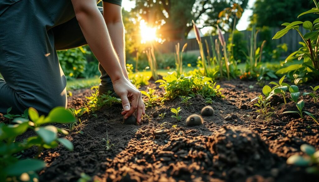 A lush backyard garden overrun with moles, with a gardener kneeling down, examining the ground for telltale signs of their presence. The lighting is soft and natural, with the sun peeking through the trees, casting long shadows across the soil. The scene exudes a sense of determination and problem-solving, as the gardener searches for effective, eco-friendly ways to remove the pesky moles without harming the delicate ecosystem. The focus is on the gardener's hands and the ground, with the surrounding greenery providing a picturesque, tranquil backdrop.