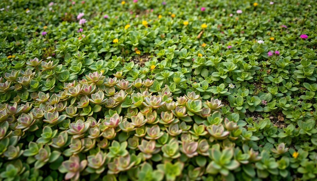 A lush carpet of verdant ground cover plants, their vibrant leaves cascading across the frame. In the foreground, a delicate tapestry of delicate, low-growing sedum, its succulent rosettes in shades of green, pink, and purple. Behind them, a mix of hardy, spreading perennials - creeping thyme, brass buttons, and clover - creating a seamless, natural-looking groundscape. The lighting is soft and diffused, casting a warm, inviting glow across the scene. The composition is balanced, with the plants filling the frame from edge to edge, creating a sense of abundance and vitality. The overall mood is one of tranquility and a welcoming, low-maintenance alternative to traditional grass lawns. A lush carpet of verdant ground cover plants, their vibrant leaves cascading across the frame. In the foreground, a delicate tapestry of delicate, low-growing sedum, its succulent rosettes in shades of green, pink, and purple. Behind them, a mix of hardy, spreading perennials - creeping thyme, brass buttons, and clover - creating a seamless, natural-looking groundscape. The lighting is soft and diffused, casting a warm, inviting glow across the scene. The composition is balanced, with the plants filling the frame from edge to edge, creating a sense of abundance and vitality. The overall mood is one of tranquility and a welcoming, low-maintenance alternative to traditional grass lawns.