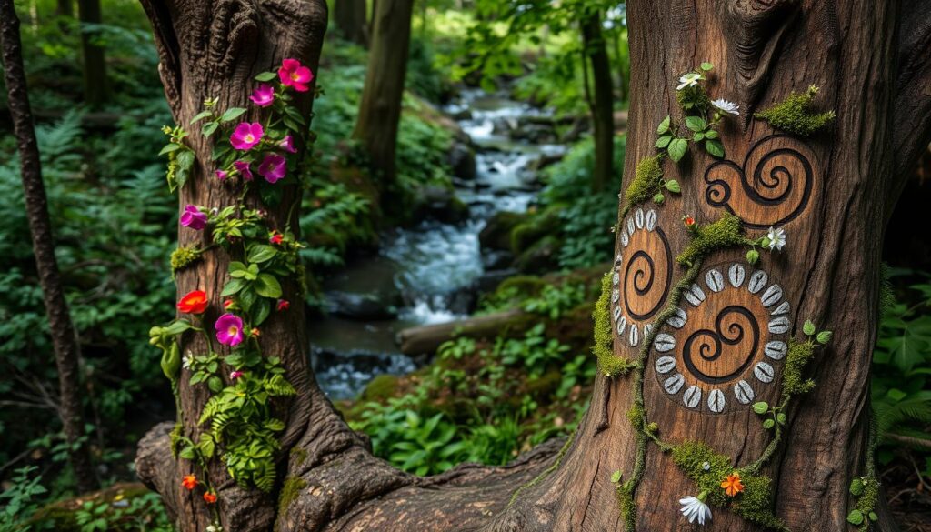 A lush forest scene with a weathered tree trunk in the foreground, its bark textured and gnarled. Intricate designs and patterns are carved or painted onto the tree, creating a visually stunning and whimsical display. Vibrant wildflowers, mosses, and ferns climb up the sides of the trunk, adding a natural, organic feel. The lighting is soft and diffused, casting gentle shadows that accentuate the carved details. In the background, a tranquil stream winds through the verdant undergrowth, creating a serene and calming atmosphere. The overall impression is one of a delightful, handcrafted and nature-inspired display, inviting viewers to explore and appreciate the creative possibilities of decorating a tree trunk. A lush forest scene with a weathered tree trunk in the foreground, its bark textured and gnarled. Intricate designs and patterns are carved or painted onto the tree, creating a visually stunning and whimsical display. Vibrant wildflowers, mosses, and ferns climb up the sides of the trunk, adding a natural, organic feel. The lighting is soft and diffused, casting gentle shadows that accentuate the carved details. In the background, a tranquil stream winds through the verdant undergrowth, creating a serene and calming atmosphere. The overall impression is one of a delightful, handcrafted and nature-inspired display, inviting viewers to explore and appreciate the creative possibilities of decorating a tree trunk.