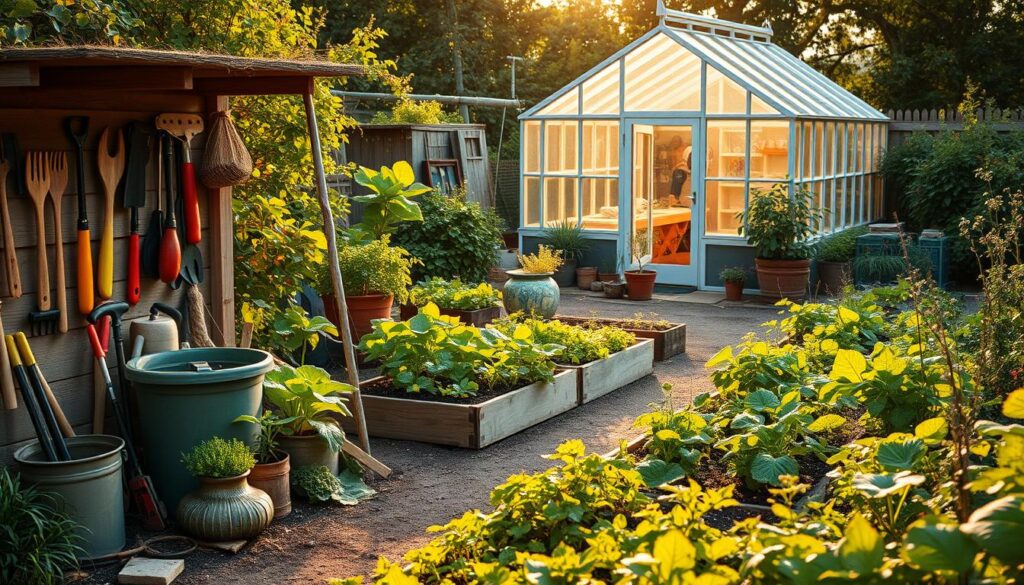 A lush garden oasis with practical solutions for everyday use. In the foreground, a well-organized tool shed with neatly arranged gardening implements, complemented by a small compost bin. The middle ground showcases a series of raised garden beds, each brimming with a variety of thriving vegetables and herbs. In the background, a charming greenhouse stands, its glass panels reflecting the warm, golden light of the afternoon sun. The scene exudes a sense of tranquility and efficiency, inviting the viewer to imagine themselves tending to this productive and thoughtfully designed outdoor space.