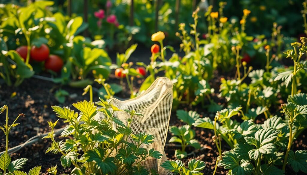 A lush garden overflowing with vibrant vegetables and herbs, threatened by the scurrying presence of industrious ants. In the foreground, a cluster of delicate seedlings, their tender leaves protected by a delicate mesh screen, shielding them from the persistent pests. The middle ground reveals an array of natural deterrents - fragrant herbs, diatomaceous earth, and carefully placed barriers - all working in harmony to create a safe haven for the flourishing plants. The background scene showcases the overall verdant landscape, bathed in warm, golden sunlight, conveying a sense of balance and tranquility, despite the ongoing battle against the unwelcome invaders.