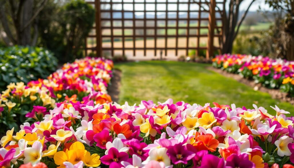 A lush garden scene in early spring, with a vibrant display of primrose flowers (Primula) in the foreground. The primroses are planted in neat rows, their colorful blooms ranging from soft pastel shades to deep, velvety hues. The middle ground features a gently sloping lawn, dotted with emerging spring foliage. In the background, a wooden fence or trellis acts as a natural frame, with a hint of a tranquil countryside landscape beyond. The lighting is soft and diffused, creating a warm, inviting atmosphere. The overall composition captures the optimal time to plant primroses in the garden, showcasing their beauty and vibrancy.