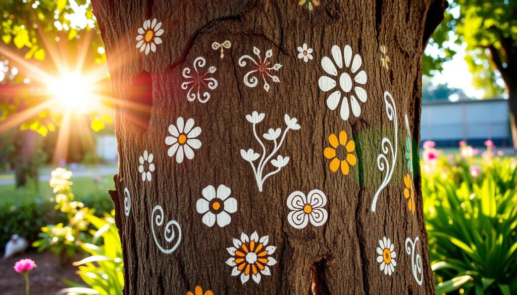 A lush garden scene, the sun's warm glow casting a soft light upon a weathered tree trunk. Intricate patterns of carved and painted designs adorn the bark, each one a unique expression of nature and human artistry. Delicate floral motifs, abstract swirls, and whimsical shapes come together in a harmonious display, transforming the once-plain surface into a captivating canvas. The textured bark provides a natural, organic backdrop, complementing the vibrant hues and thoughtful compositions. A sense of tranquility and creativity pervades the scene, inviting the viewer to appreciate the beauty of this imaginative, handcrafted tree decoration. A lush garden scene, the sun's warm glow casting a soft light upon a weathered tree trunk. Intricate patterns of carved and painted designs adorn the bark, each one a unique expression of nature and human artistry. Delicate floral motifs, abstract swirls, and whimsical shapes come together in a harmonious display, transforming the once-plain surface into a captivating canvas. The textured bark provides a natural, organic backdrop, complementing the vibrant hues and thoughtful compositions. A sense of tranquility and creativity pervades the scene, inviting the viewer to appreciate the beauty of this imaginative, handcrafted tree decoration.