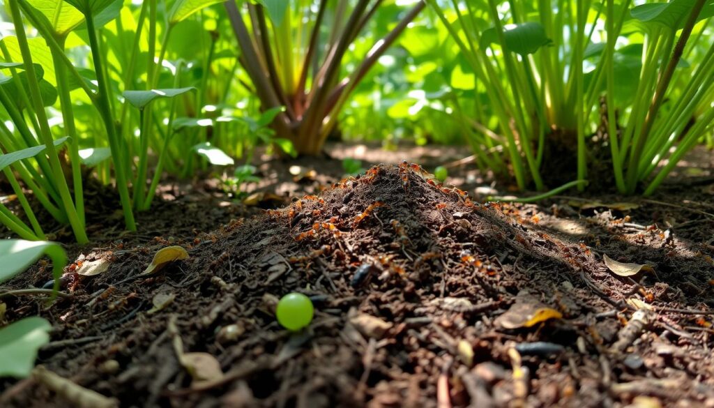 A lush garden scene, with a teeming colony of ants scurrying about their business on the soil and among the verdant foliage. The ants move with purpose, constructing intricate mounds and navigating the maze of plant roots and leaf litter. Dappled sunlight filters through the canopy, casting a warm, natural glow over the busy insects. The overall mood is one of industrious activity, hinting at the crucial role these tiny creatures play in the delicate ecosystem of the garden. A close, low-angle perspective allows the viewer to observe the ants' dynamic behavior and appreciate the complexity of their miniature world.