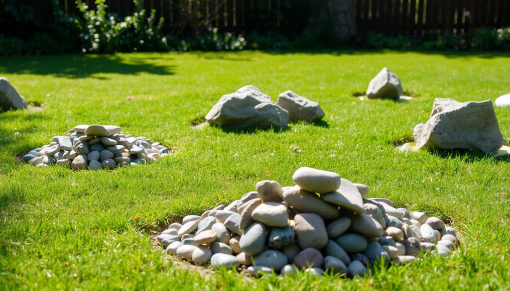 A lush garden setting with a variety of decorative stones arranged in a visually appealing manner. The foreground depicts several piles of different-sized stones, ranging from small pebbles to larger boulders, strategically placed to create a harmonious composition. The middle ground showcases a well-tended lawn, with a few scattered flowers or low-growing plants adding pops of color. In the background, a wooden fence or natural foliage frames the scene, creating a sense of depth and tranquility. The lighting is soft and natural, casting gentle shadows and highlights that accentuate the textures and shapes of the stones. The overall mood is one of a well-designed, inviting outdoor space that invites the viewer to imagine themselves arranging a similar display in their own garden.