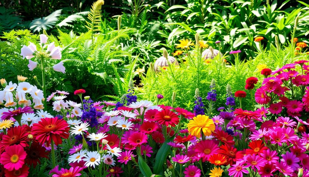 A lush garden tableau showcasing an array of vibrant perennial plants. In the foreground, an assortment of blooming flowers in a range of hues - delicate pastels, rich jewel tones, and bold primary colors. Lush foliage in varying shades of green, from soft ferns to broad-leaved plants, creates a layered, verdant backdrop. Dappled sunlight filters through the scene, casting a warm, natural glow and creating subtle shadows that accentuate the three-dimensional quality of the plants. The composition is balanced and visually compelling, inviting the viewer to imagine strolling through this idyllic garden setting.