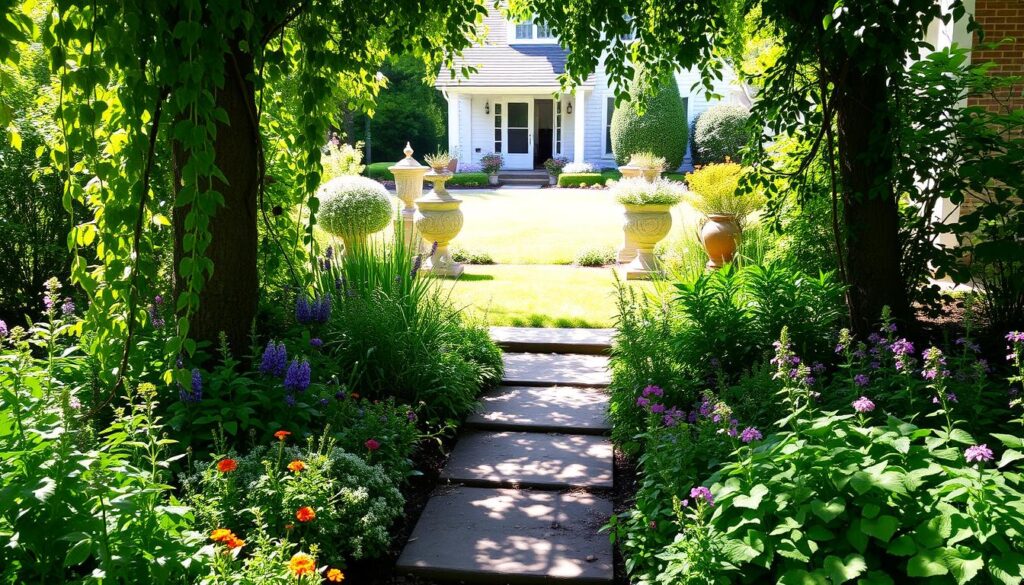 A lush, inviting garden entrance featuring a diverse array of vibrant, low-growing plants in the foreground. Cascading vines, delicate perennials, and fragrant herbs line the pathway, creating a welcoming first impression. Dappled sunlight filters through the foliage, casting a warm, natural glow. In the middle ground, sculptural planters and decorative pots add visual interest, while the background showcases a well-manicured lawn and the façade of a charming, traditional-style home. The overall scene conveys a sense of tranquility, inviting the viewer to step into this serene, inviting oasis.
