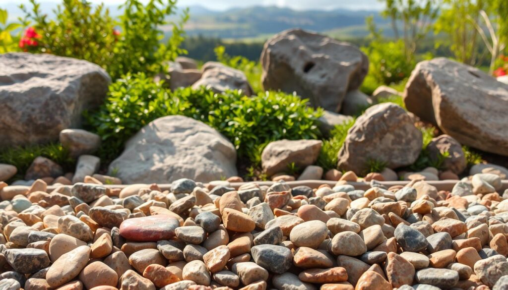 A lush, manicured garden with an array of carefully curated ornamental stones. In the foreground, a mix of smooth river pebbles and angular, multi-colored rocks create a visually striking arrangement, their surfaces glistening under warm, natural lighting. In the middle ground, larger boulders and weathered stones are nestled among verdant foliage, creating a sense of harmony between the natural and the decorative. The background features a serene, blurred landscape, hinting at the tranquil setting. The overall scene conveys a sense of intentionality, where the use of ornamental stones enhances the beauty and charm of the garden.