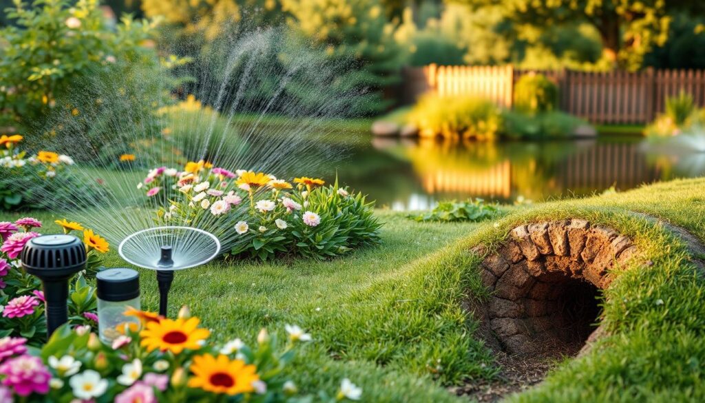 A lush, manicured garden with verdant foliage and vibrant flowers. In the foreground, a series of humane, eco-friendly deterrents against moles and voles are prominently displayed - motion-activated sprinklers, ultrasonic devices, and castor oil-infused repellent. The middle ground features a close-up of a mole tunnel, showcasing the telltale signs of their burrowing activity. In the background, a serene pond reflects the tranquil atmosphere, with a wooden fence delineating the property. Soft, warm lighting filters through the scene, creating a calming, inviting ambiance. The overall composition emphasizes the balance between effective, nature-friendly pest control and the preservation of a lush, thriving garden.