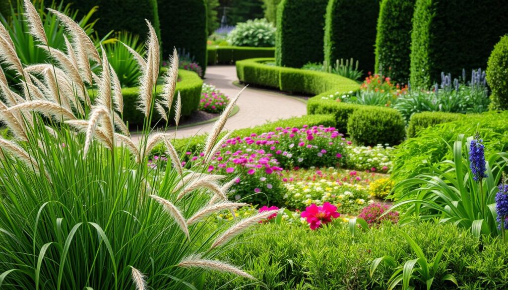A lush, meticulously manicured garden, its edges defined by a variety of captivating obrzeża (garden borders). In the foreground, ornamental grasses sway gently in the breeze, their delicate fronds creating a tactile, textural border. The middle ground features a mix of low-growing perennials, their vibrant blooms and foliage providing a colorful contrast to the surrounding greenery. In the background, a well-crafted path winds through the scene, flanked by precisely trimmed hedges that frame the composition. The lighting is soft and diffused, creating a serene, inviting atmosphere that beckons the viewer to explore this verdant oasis. The overall impression is one of thoughtful design, where the obrzeża seamlessly integrate function and aesthetic, elevating the garden experience.