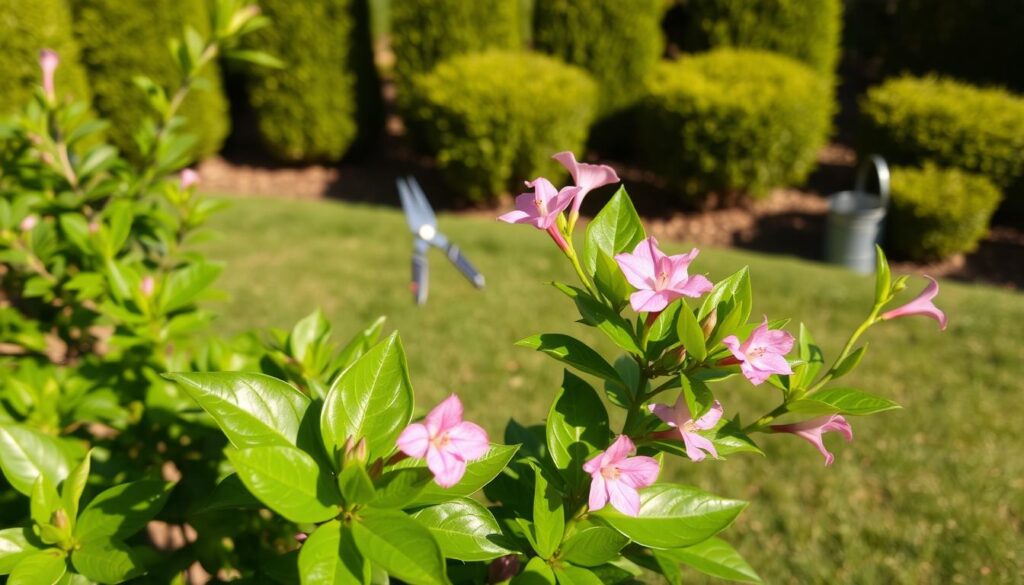 A lush oleander plant in the foreground, its vibrant green leaves and delicate pink flowers contrasting against a backdrop of a well-manicured garden. The plant appears rejuvenated and healthy, indicating successful post-winter care. In the middle ground, a pair of pruning shears and a small watering can suggest the meticulous attention given to the plant's maintenance. The scene is bathed in warm, natural lighting, casting gentle shadows and highlighting the oleander's vibrant colors. The overall composition conveys a sense of tranquility and the rewarding results of diligent post-winter care.