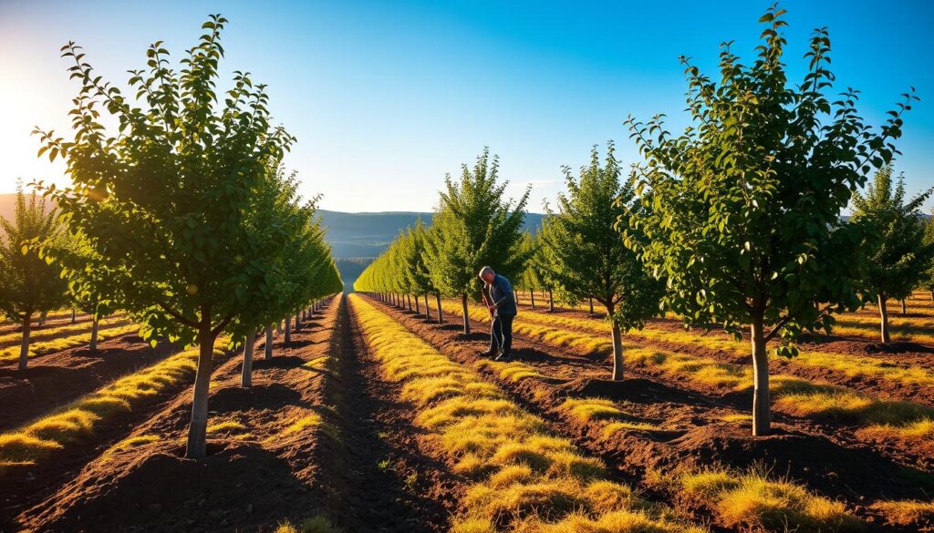 A lush orchard in golden afternoon light, with neatly arranged fruit trees standing tall against a backdrop of rolling hills and a vibrant blue sky. The foreground showcases the proper planting techniques - each tree carefully spaced, its roots nestled in rich, dark soil, and its branches pruned to encourage bountiful harvests. In the middle ground, a gardener diligently tends to the young saplings, ensuring their healthy growth through attentive care. The overall scene conveys a sense of harmony, where the principles of successful fruit tree cultivation are expertly demonstrated, inspiring the viewer to recreate this idyllic orchard in their own garden.