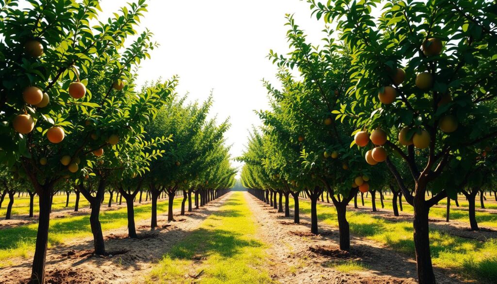 A lush orchard of thriving fruit trees, their branches reaching skyward against a backdrop of soft, diffused sunlight. The trees are evenly spaced, their trunks casting gentle shadows on the well-tended soil below. The scene captures the harmony and balance of a meticulously planned fruit garden, showcasing the optimal distances between each tree to allow for proper growth and yield. The image conveys a sense of tranquility and the careful consideration given to the layout and placement of these productive, life-giving plants.