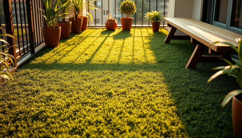 A lush, verdant artificial grass carpet covers the balcony floor, creating a seamless transition between the indoor and outdoor spaces. The grass blades sway gently in a soft breeze, casting natural-looking shadows and reflecting the warm, golden light of the afternoon sun. The surface is slightly textured, inviting barefoot steps and adding an authentic, earthy feel. Potted plants and a wooden bench along the railing frame the scene, blending the synthetic turf with organic elements to evoke a tranquil, nature-inspired ambiance. The overall composition conveys a sense of peaceful relaxation, as if the balcony has been transformed into a private oasis within the urban landscape.