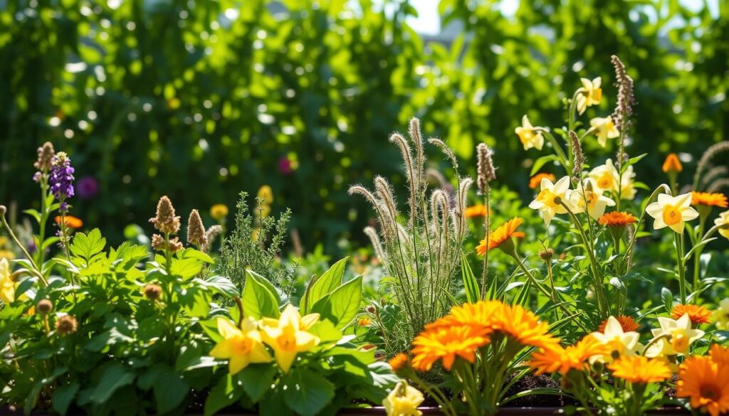 A lush, verdant garden backdrop with sunlight filtering through the foliage. In the foreground, a display of natural deterrents against moles - a selection of pungent herbs, castor oil-soaked cotton balls, and repellent plants like daffodils and marigolds. The scene conveys a sense of organic, eco-friendly solutions to the problem of unwanted moles, conveying a rustic, homemade charm. The lighting is soft and natural, highlighting the vibrant colors and textures of the plants. The composition is balanced, with the foreground elements drawing the eye inward towards the center of the frame.