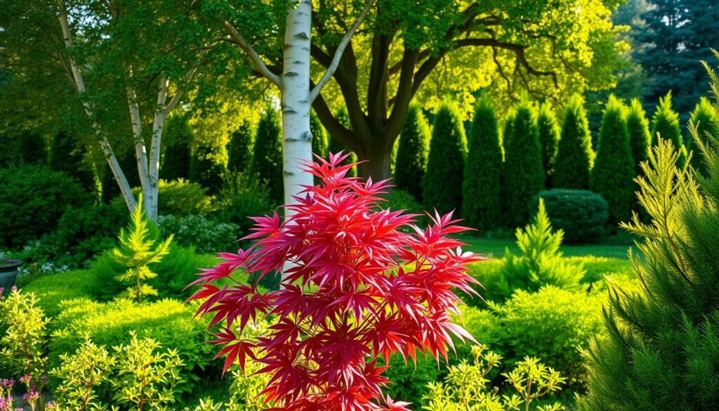 A lush, verdant garden filled with a diverse array of healthy, thriving trees. In the foreground, a stunning Japanese maple with its delicate, crimson foliage. Behind it, a stately oak tree casts a gentle shadow. In the middle ground, a graceful birch with its distinctive white bark stands tall. In the background, a row of evergreen conifers provide a sense of depth and a natural backdrop. The scene is bathed in warm, golden sunlight, creating a serene and inviting atmosphere. The lighting is soft and diffused, highlighting the rich textures and vibrant colors of the trees. The composition is balanced and visually appealing, showcasing the beauty and variety of the perfect trees for a garden.