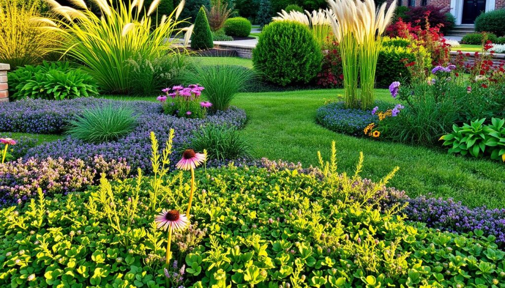 A lush, verdant garden filled with diverse, thriving plants that create a visually captivating alternative to a traditional grass lawn. In the foreground, a vibrant mix of low-growing groundcovers, such as clover, thyme, and sedum, form a soft, cushiony carpet. In the middle ground, tall, swaying ornamental grasses and perennial flowers, like purple coneflowers and black-eyed Susans, add height and texture. In the background, a mix of shrubbery and small trees, including Japanese maples and dwarf evergreens, provide structure and visual interest. The scene is bathed in warm, golden afternoon light, casting long shadows and creating a serene, inviting atmosphere. A lush, verdant garden filled with diverse, thriving plants that create a visually captivating alternative to a traditional grass lawn. In the foreground, a vibrant mix of low-growing groundcovers, such as clover, thyme, and sedum, form a soft, cushiony carpet. In the middle ground, tall, swaying ornamental grasses and perennial flowers, like purple coneflowers and black-eyed Susans, add height and texture. In the background, a mix of shrubbery and small trees, including Japanese maples and dwarf evergreens, provide structure and visual interest. The scene is bathed in warm, golden afternoon light, casting long shadows and creating a serene, inviting atmosphere.