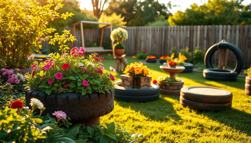 A lush, verdant garden scene in the golden hour, with a vibrant, sun-dappled foreground showcasing a creative upcycled tire planter overflowing with colorful blooms and lush foliage. In the middle ground, a variety of DIY tire-based garden decor and furniture pieces, such as a tire swing, a tire-based bird bath, and a tire-based coffee table. In the background, a serene, well-manicured lawn and a wooden fence, creating a cohesive, rustic and eco-friendly backyard oasis. The lighting is warm and diffused, casting a gentle glow over the entire scene, emphasizing the natural, organic textures and colors. A lush, verdant garden scene in the golden hour, with a vibrant, sun-dappled foreground showcasing a creative upcycled tire planter overflowing with colorful blooms and lush foliage. In the middle ground, a variety of DIY tire-based garden decor and furniture pieces, such as a tire swing, a tire-based bird bath, and a tire-based coffee table. In the background, a serene, well-manicured lawn and a wooden fence, creating a cohesive, rustic and eco-friendly backyard oasis. The lighting is warm and diffused, casting a gentle glow over the entire scene, emphasizing the natural, organic textures and colors.