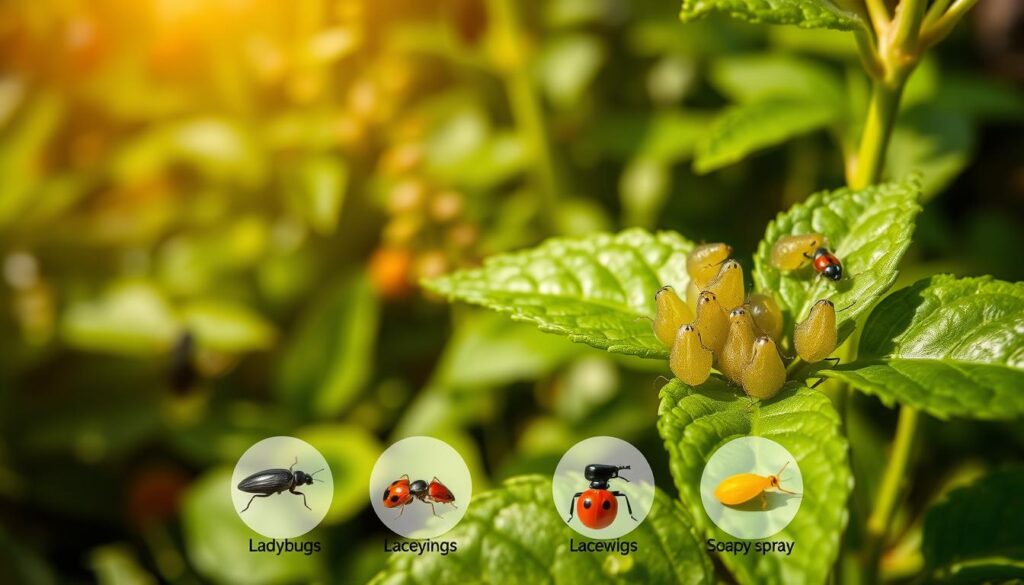 A lush, verdant garden scene with a close-up focus on a cluster of aphids, or mszyce, infesting a leafy plant. The mszyce appear as tiny, translucent, pear-shaped insects, swarming and feeding on the tender foliage. In the middle ground, showcase various natural pest control methods, such as ladybugs, lacewings, or soapy water sprays, demonstrating effective ways to combat the aphid infestation. The background should convey a sense of vibrant, healthy plant life, hinting at the garden's overall well-being. Use warm, natural lighting and a shallow depth of field to draw the viewer's attention to the central action, creating an informative and visually compelling illustration of the section's theme.
