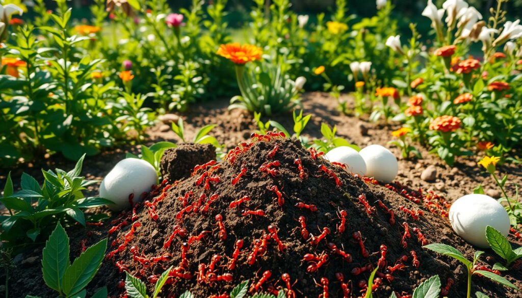 A lush, verdant garden setting with a focus on a pile of swarming, industrious red ants crawling over and around a mound of soil. The foreground showcases the close-up details of the ants' intricate movements and nest-building behaviors, while the middle ground features a range of natural pest control methods such as diatomaceous earth, coffee grounds, and vinegar-soaked cotton balls surrounding the ant mound. The background depicts a sun-dappled landscape with flourishing plants, flowers, and greenery, creating a peaceful, organic atmosphere. Soft, directional lighting casts warm, natural shadows, emphasizing the textures and patterns of the scene. The overall composition conveys a sense of eco-friendly, sustainable solutions for managing ant infestations in the garden.
